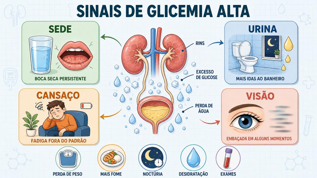 Infográfico mostra sinais de glicemia alta e sintomas que costumam aparecer juntos.