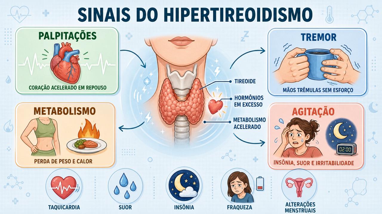 Infográfico resume os principais sinais precoces e efeitos do hipertireoidismo.