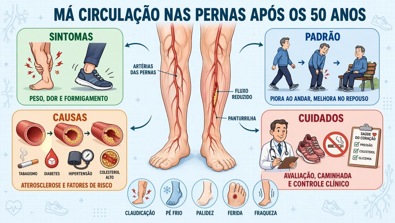 Sintomas, padrão, causas e cuidados da má circulação arterial nas pernas.