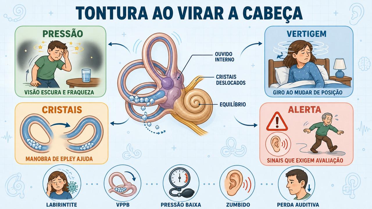 Infográfico mostra diferenças entre pressão baixa, vertigem posicional, cristais soltos e alertas.