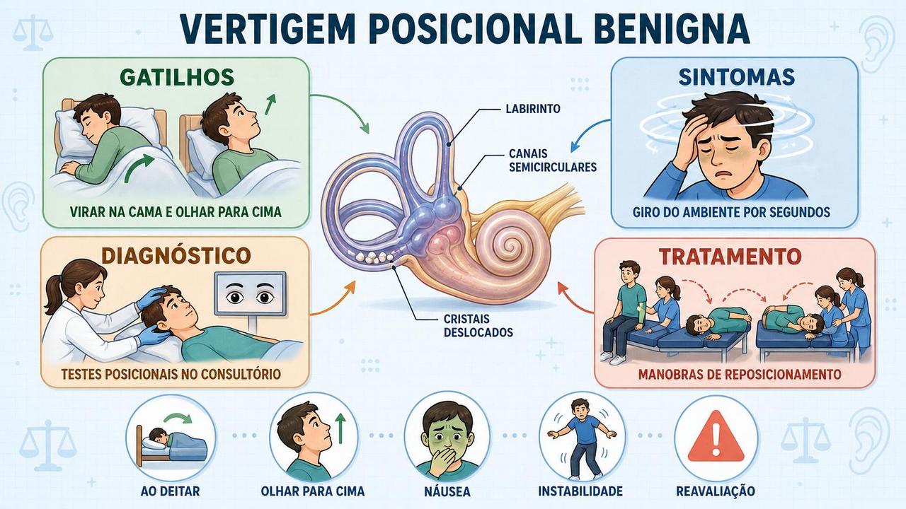 Gatilhos, sintomas, diagnóstico e tratamento da vertigem posicional benigna.
