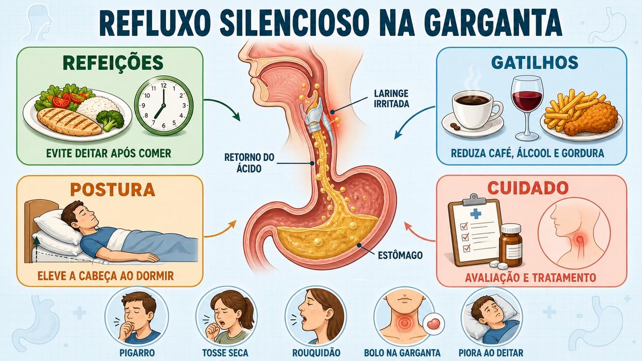 Quatro pilares ajudam a controlar irritação na garganta causada por refluxo silencioso.
