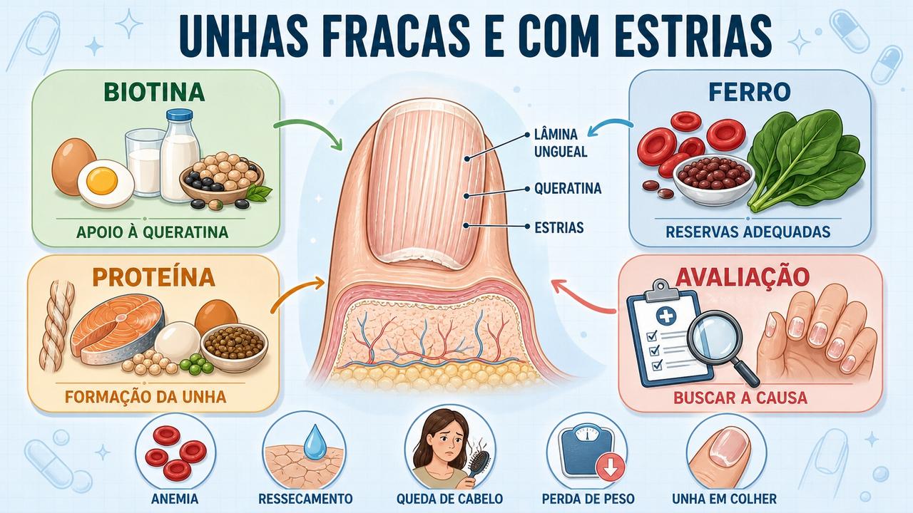 Biotina, ferro, proteína e avaliação médica orientam a investigação das unhas fracas.