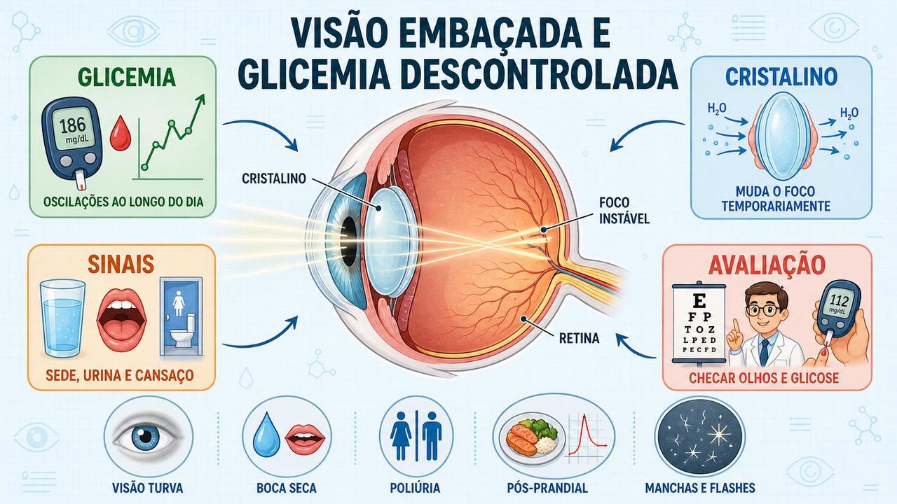 Infográfico mostra glicemia, cristalino, sinais associados e avaliação médica adequada.