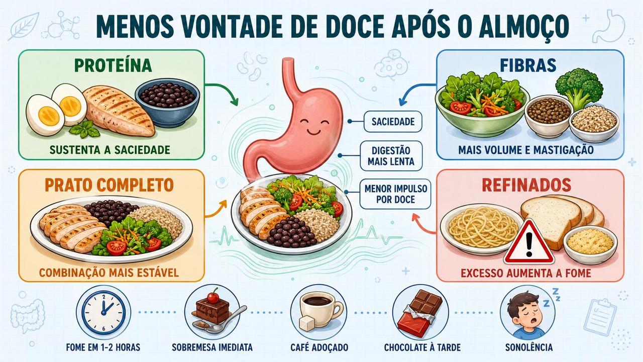 Quatro pilares do almoço saciante para evitar desejo por doces depois.
