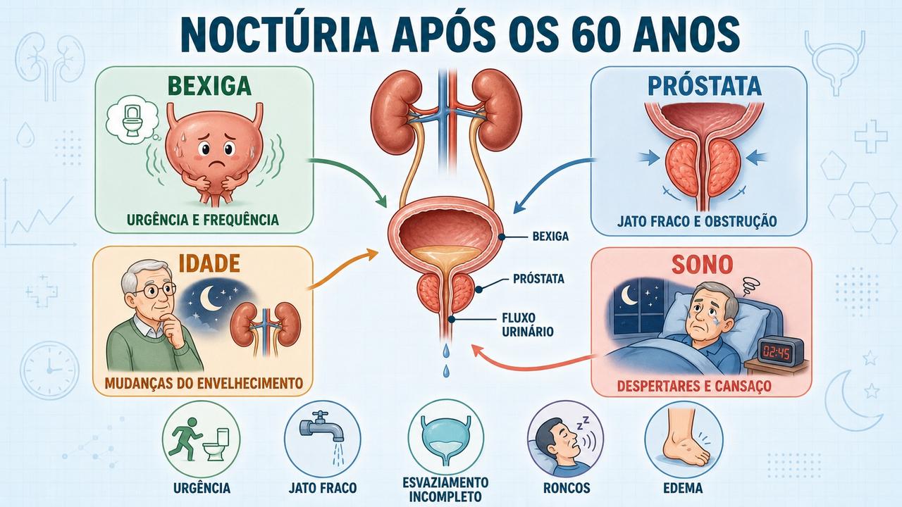 Infográfico resume os principais fatores ligados à noctúria em adultos mais velhos.