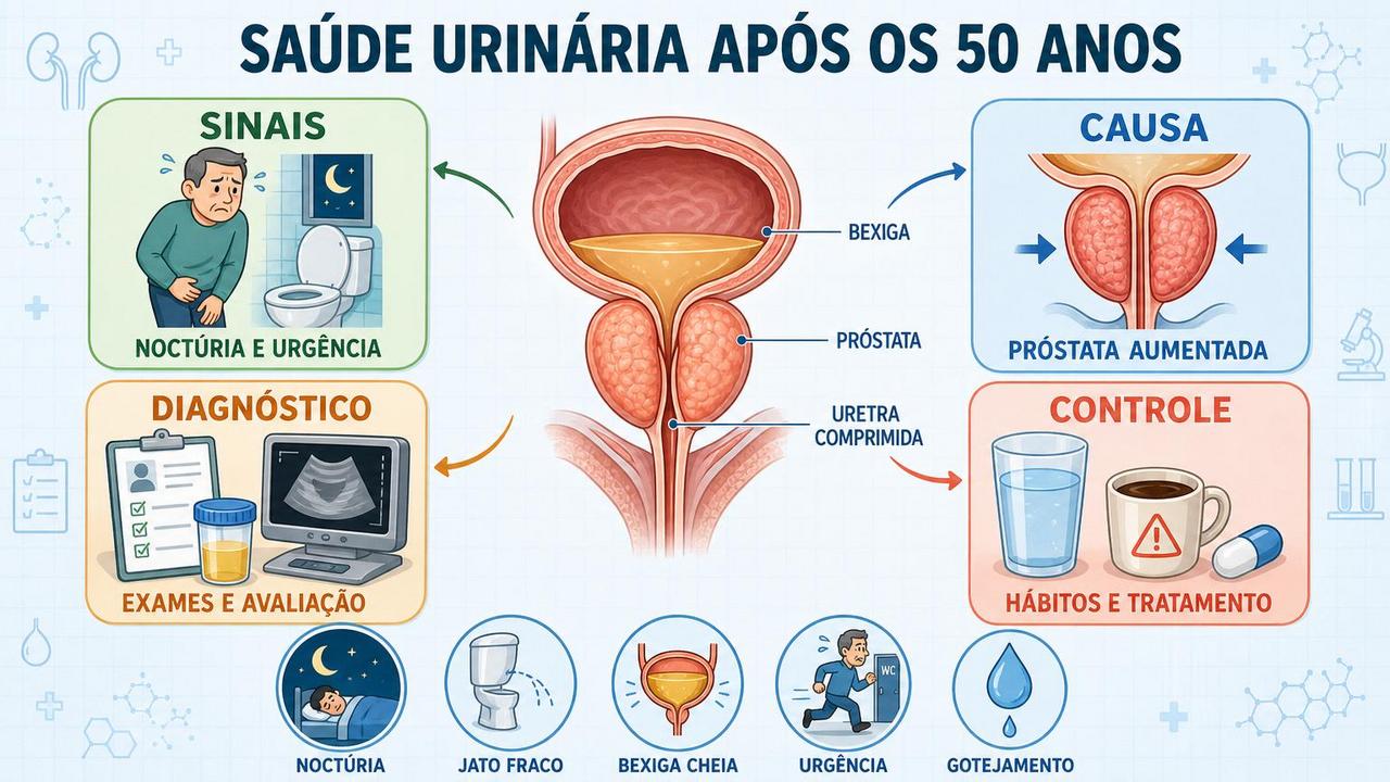 Infográfico resume sinais, causa, diagnóstico e controle da próstata aumentada.