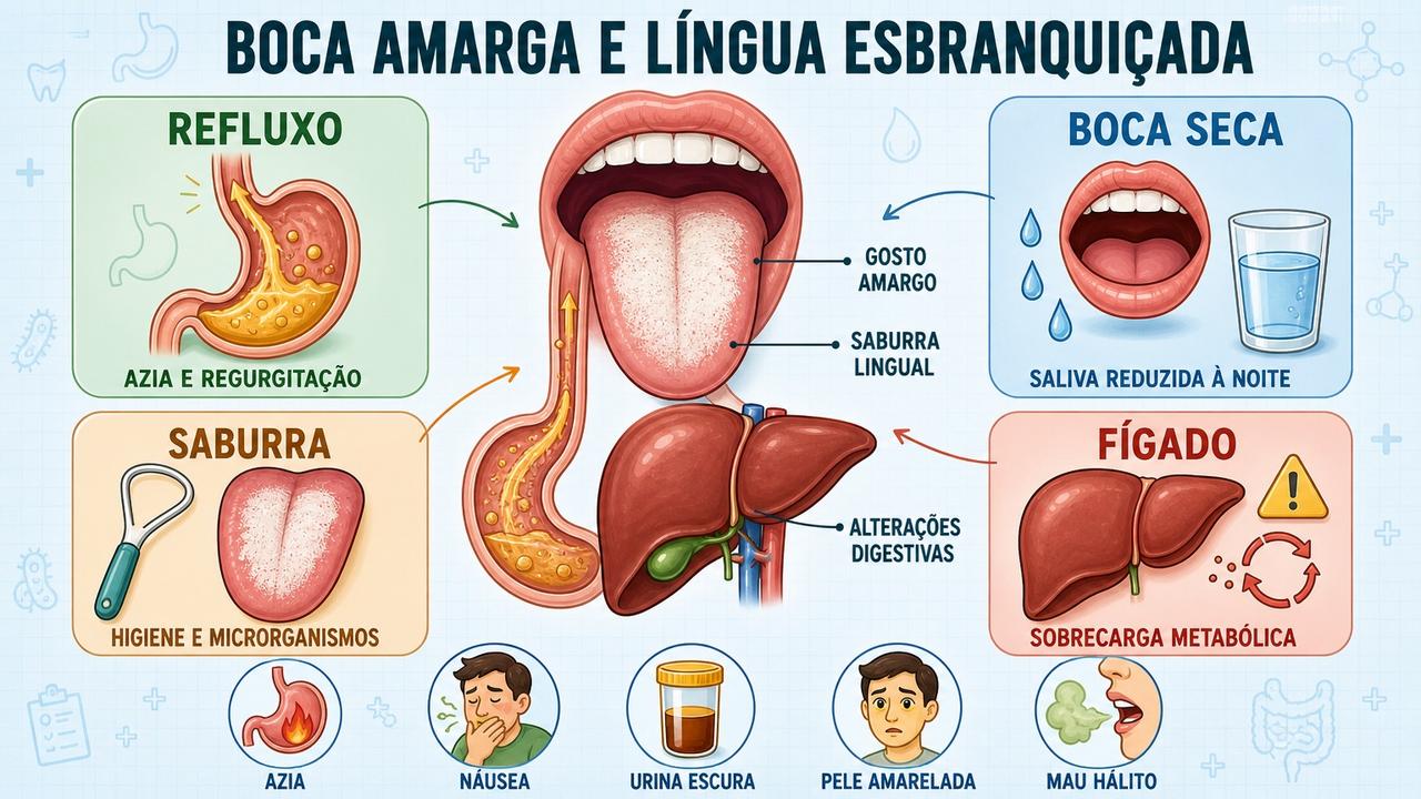Infográfico resume refluxo, boca seca, saburra e fígado nos sintomas matinais.