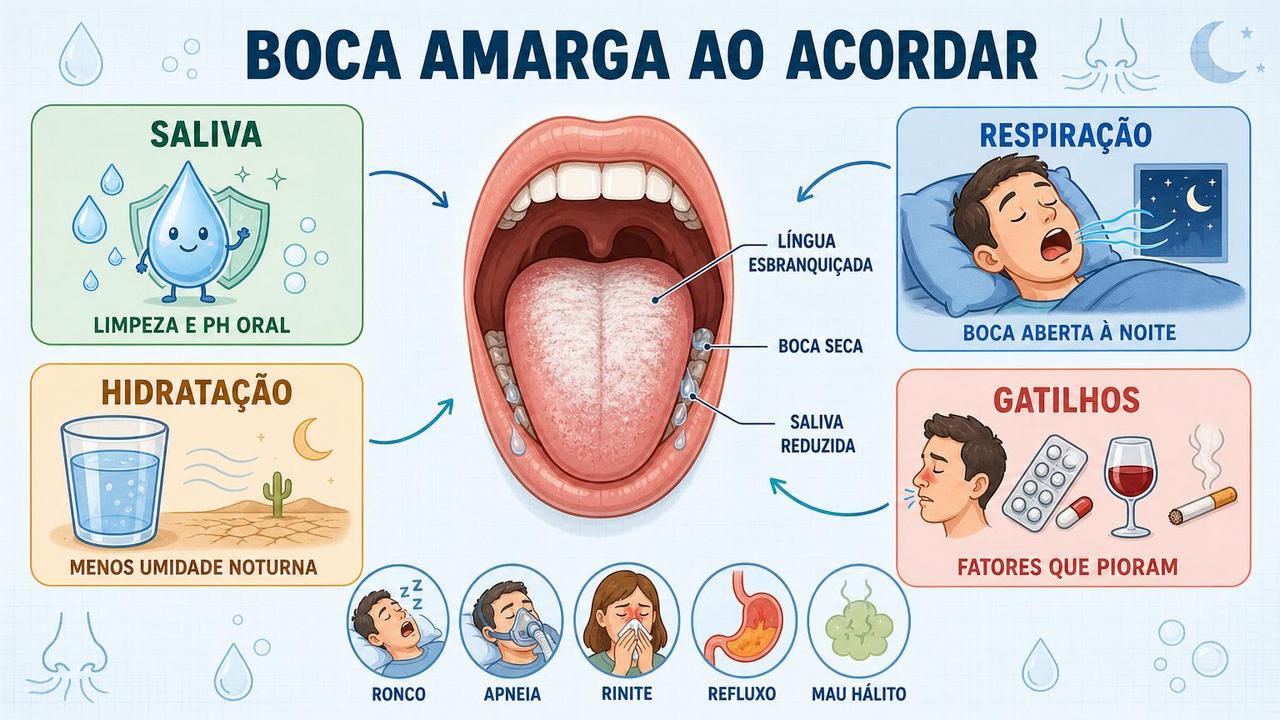 Saliva, respiração, hidratação e gatilhos explicam a boca amarga matinal.