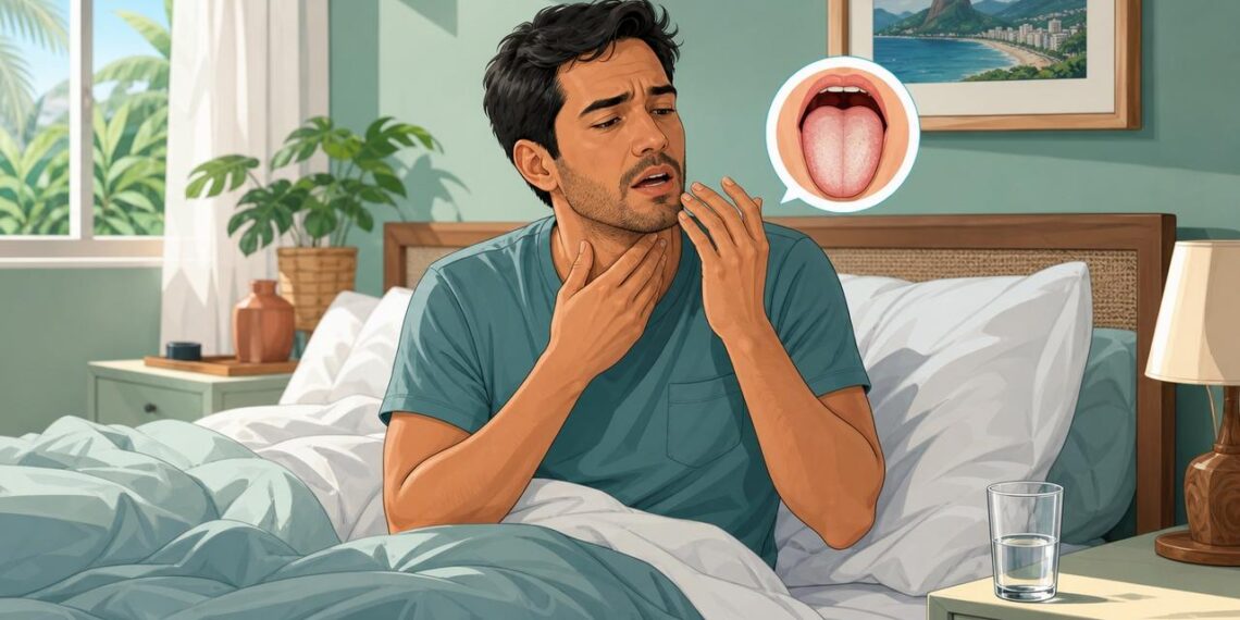 Acordar com a boca amarga e a língua esbranquiçada nem sempre é só fígado: respiração pela boca, boca seca e saliva reduzida durante o sono também explicam