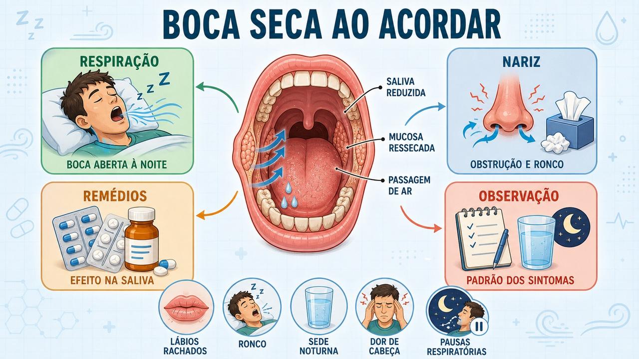 Infográfico resume causas, sinais e observação da boca seca ao despertar.
