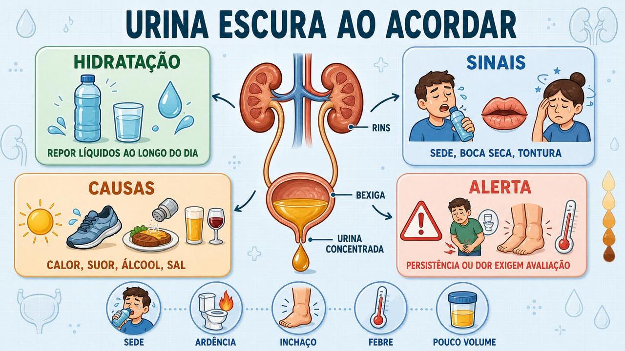 Hidratação, sinais, causas e alertas ajudam a interpretar a urina escura.