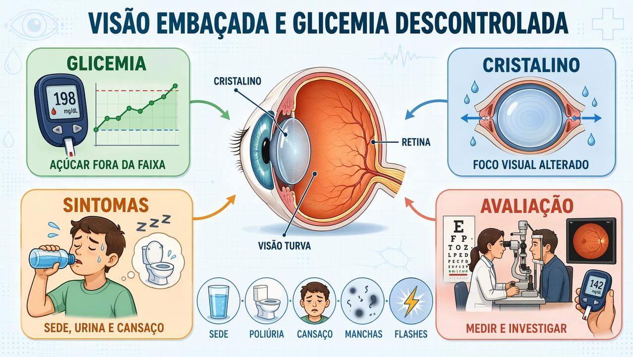 Infográfico mostra glicemia, cristalino, sintomas associados e avaliação ocular necessária.