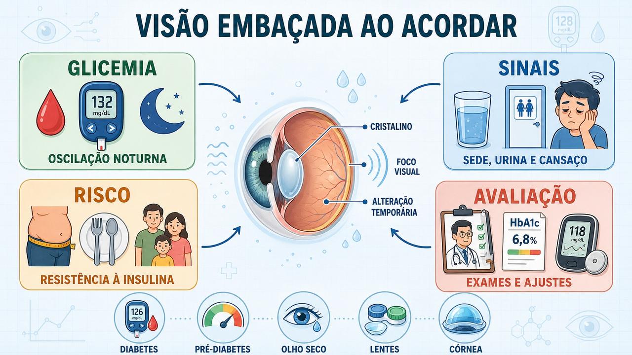 Infográfico resume glicemia noturna, sinais associados, fatores de risco e avaliação.