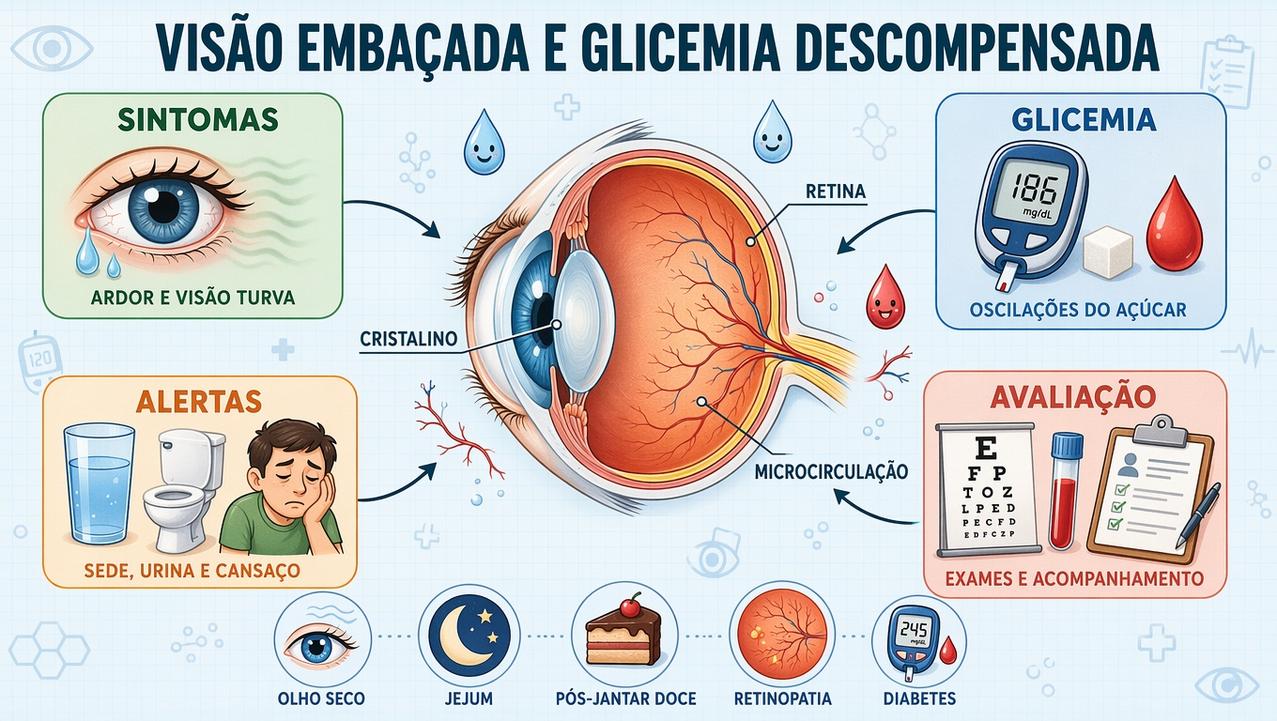 Infográfico resume sintomas, glicemia, sinais de alerta e avaliação dos olhos.