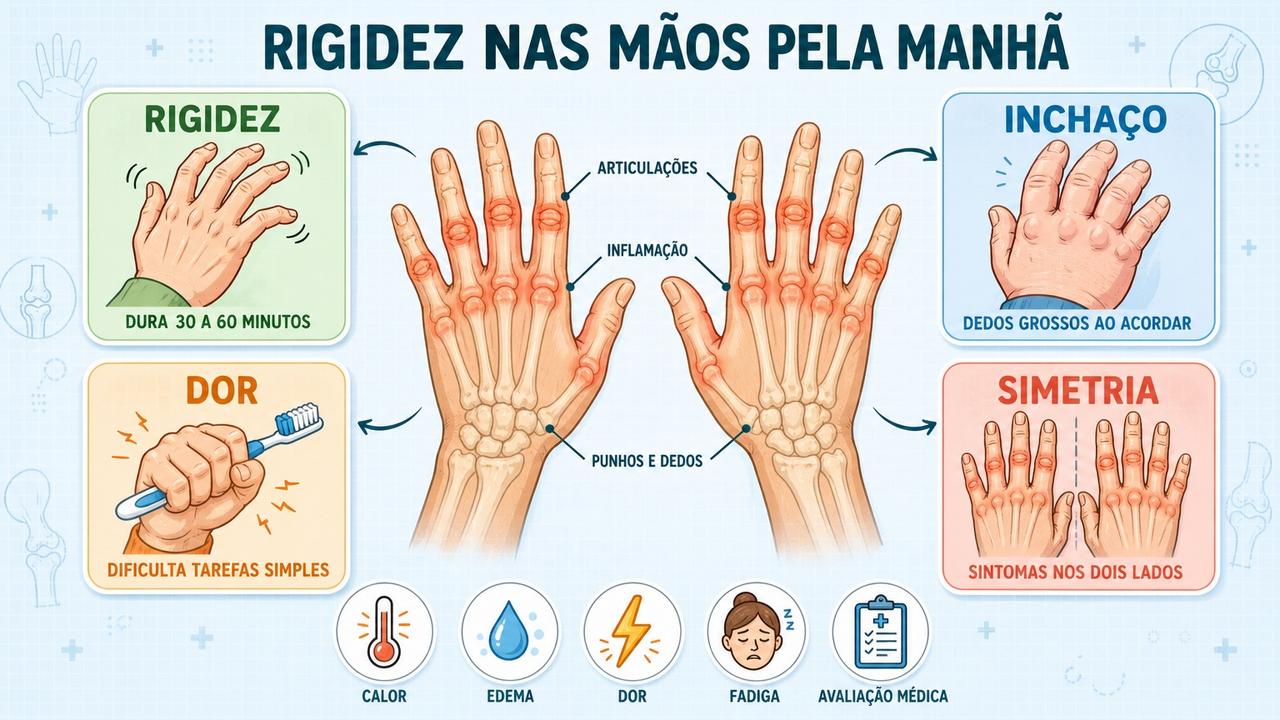 Rigidez, inchaço, dor e simetria ajudam a reconhecer inflamação articular persistente.