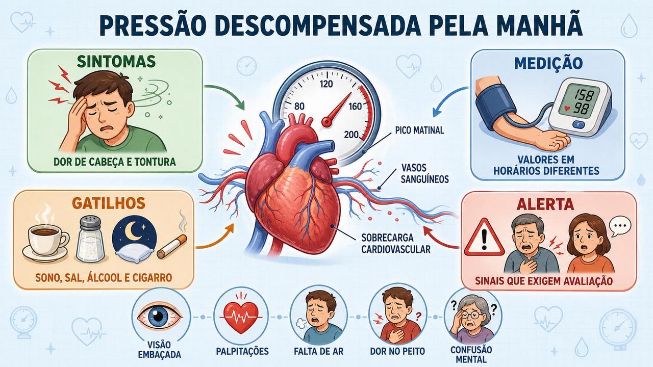 Infográfico resume sintomas, medição, gatilhos e sinais de alerta cardiovasculares.