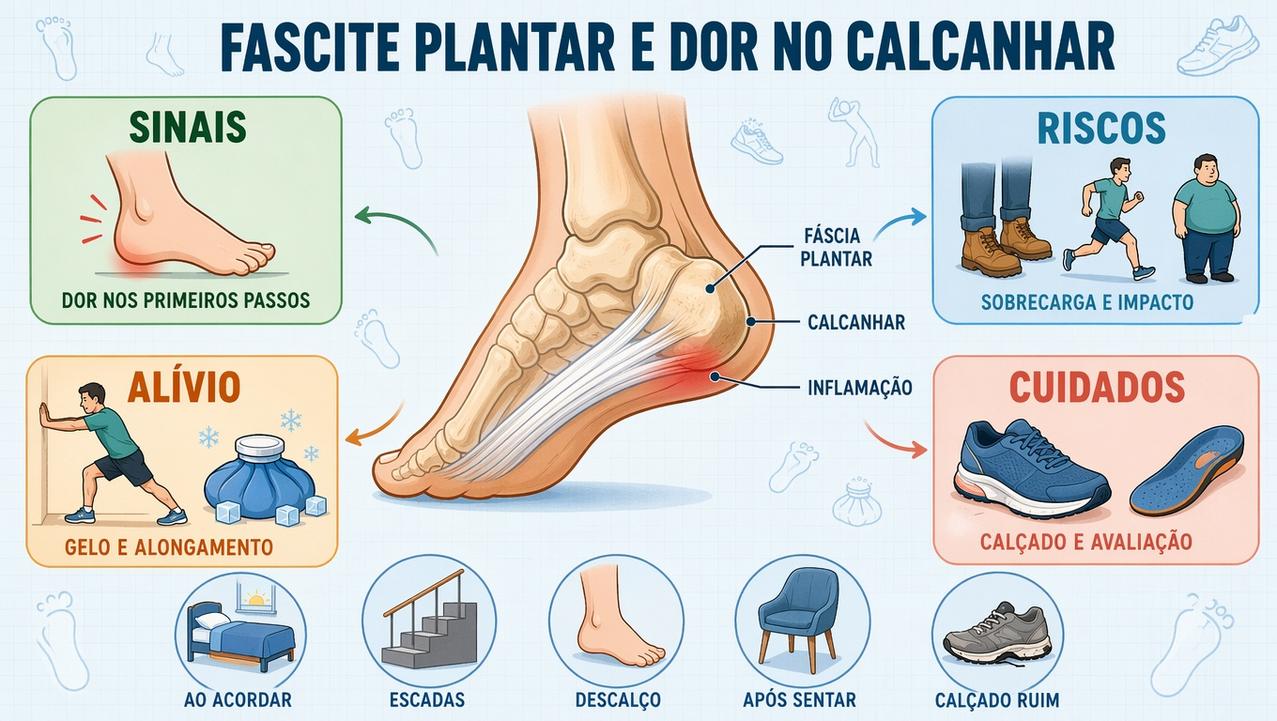 Sinais, riscos, alívio e cuidados na fascite plantar com dor matinal.
