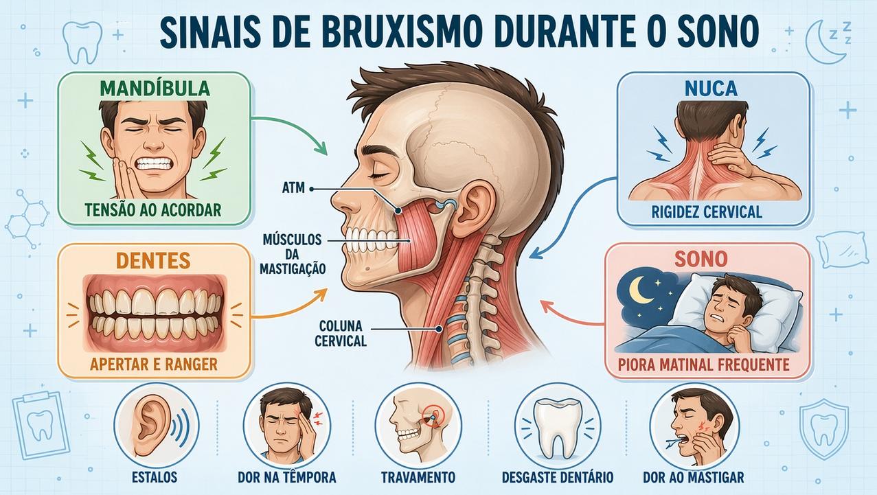 Infográfico resume os principais sinais do bruxismo e sua relação cervical.