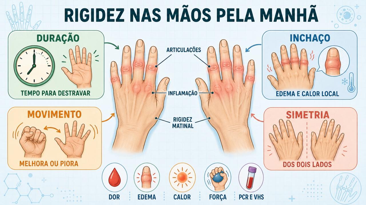 Duração, inchaço, movimento e simetria ajudam a avaliar rigidez articular.