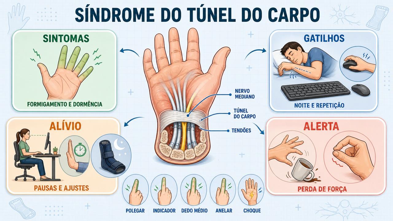 Infográfico resume sintomas, gatilhos, alívio e sinais de alerta do túnel do carpo.