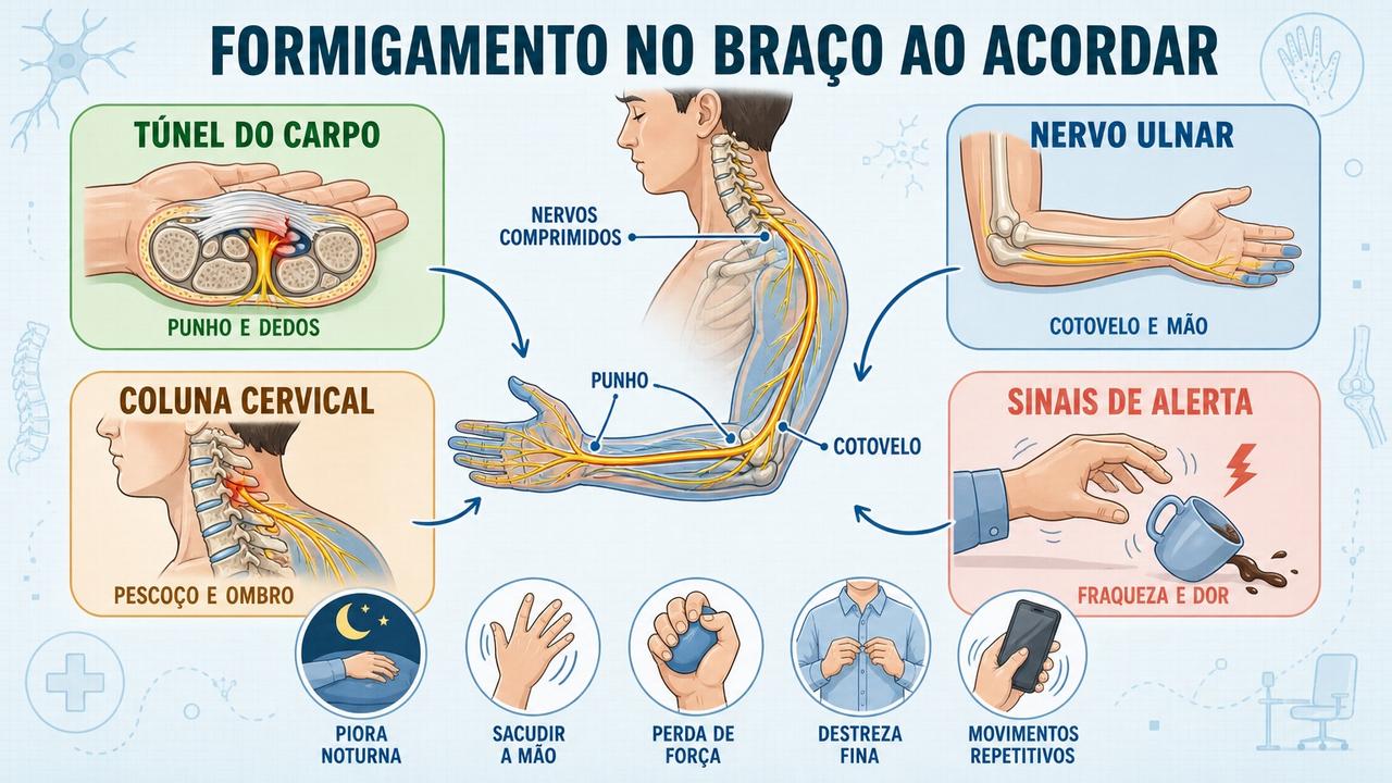 Infográfico resume causas, sinais de alerta e áreas de compressão nervosa.
