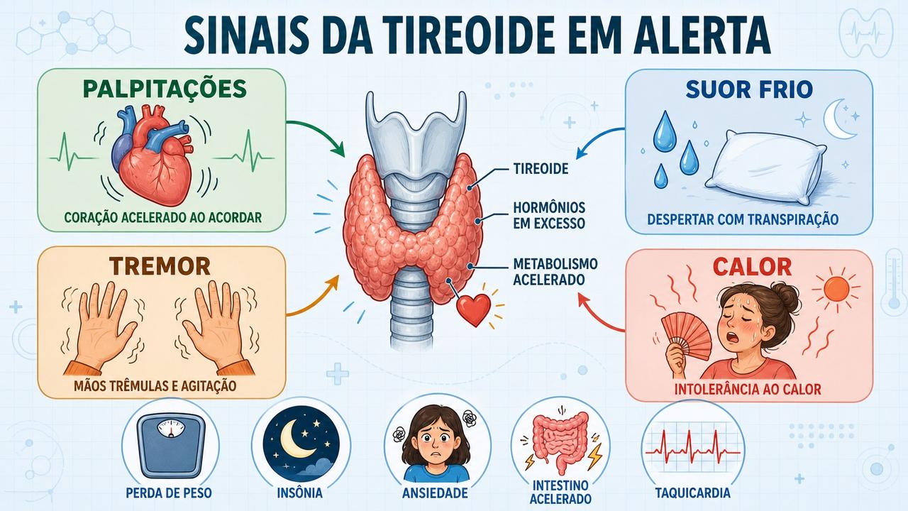 Quatro sinais da tireoide em alerta e sintomas associados ao hipertireoidismo.