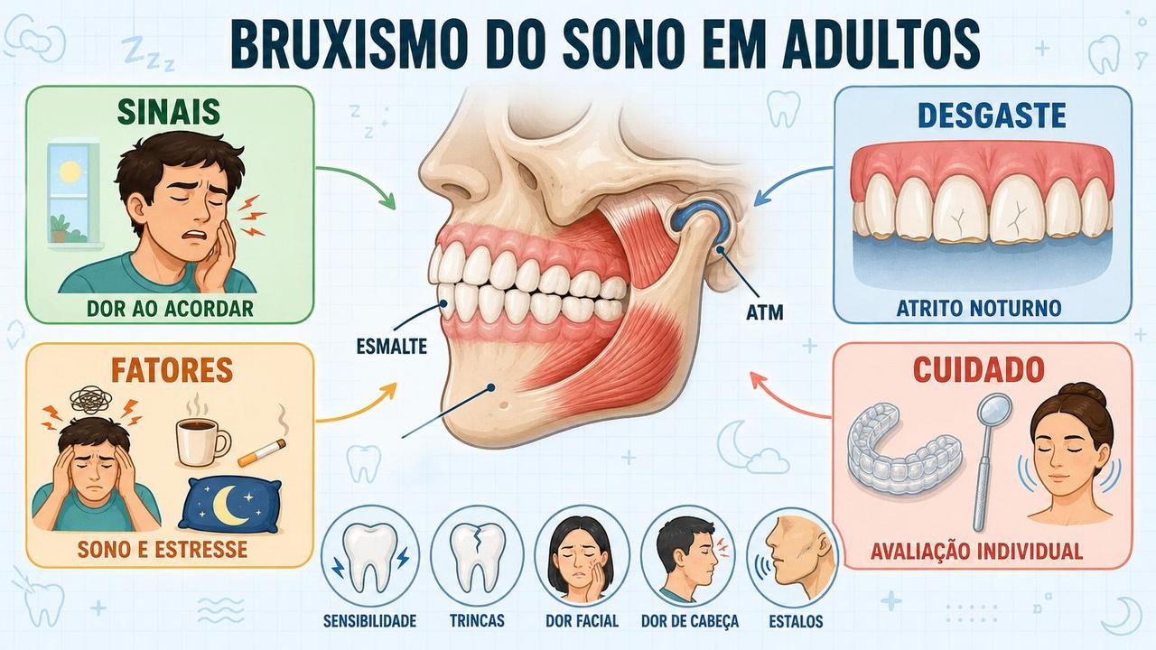 Infográfico resume sinais, desgaste, fatores associados e cuidado no bruxismo do sono.