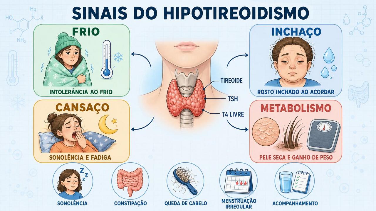 Infográfico reúne sinais frequentes do hipotireoidismo e pontos centrais da avaliação.