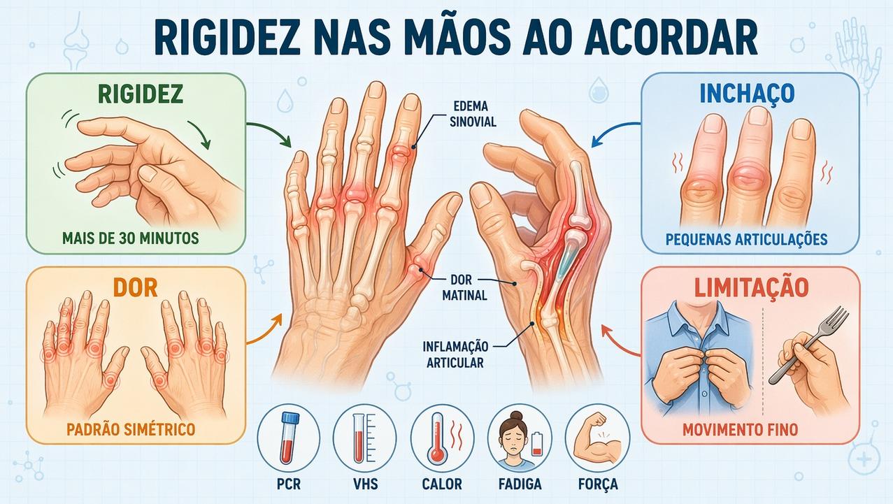 Rigidez, inchaço, dor e limitação formam pilares de alerta nas mãos.