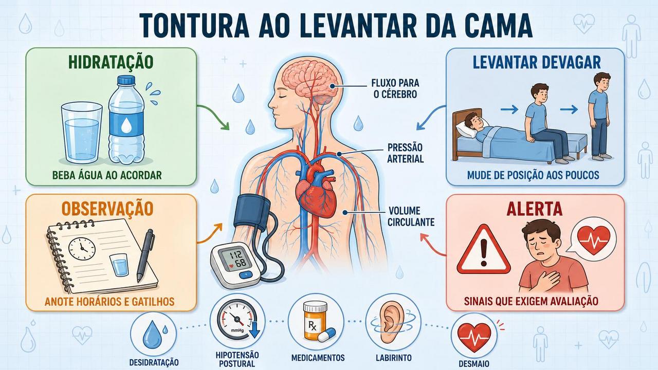 Hidratação, levantar devagar, observar gatilhos e reconhecer sinais de alerta.