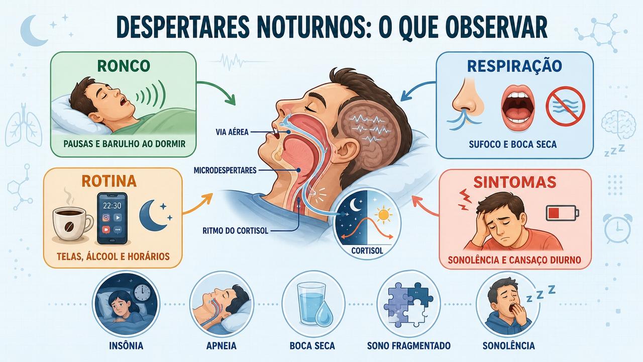 Ronco, respiração, rotina e sintomas ajudam a investigar despertares noturnos.