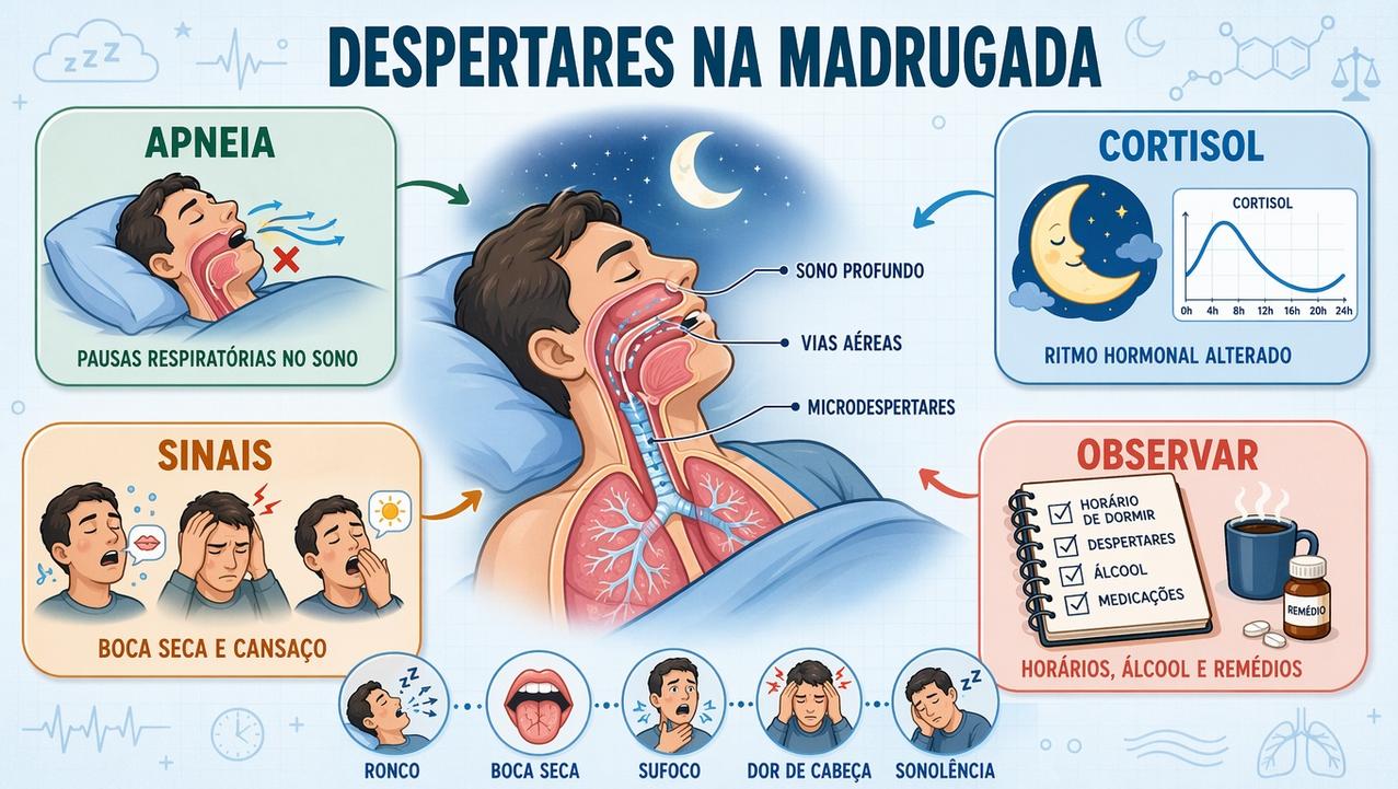 Infográfico resume apneia, cortisol, sinais associados e fatores para observar.