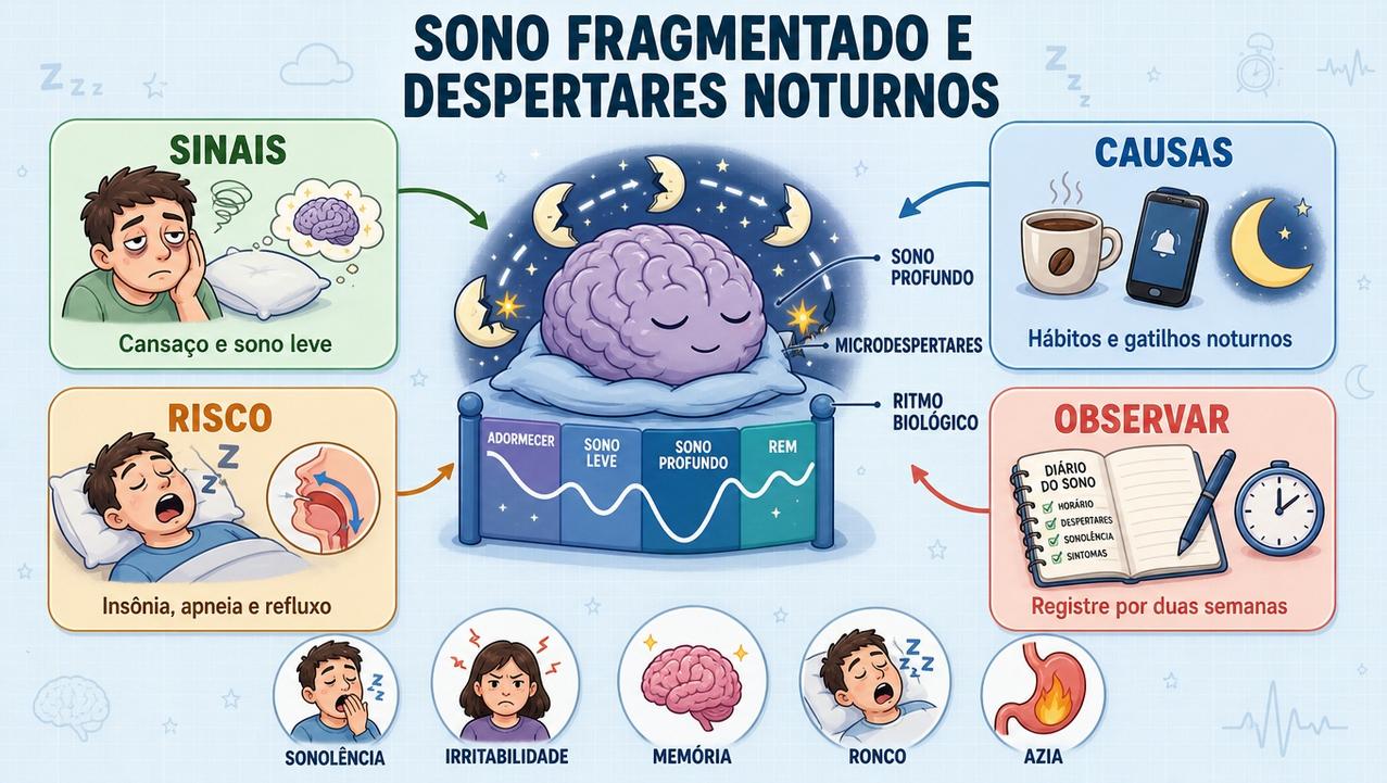 Sinais, causas, riscos e observação ajudam a entender o sono fragmentado.
