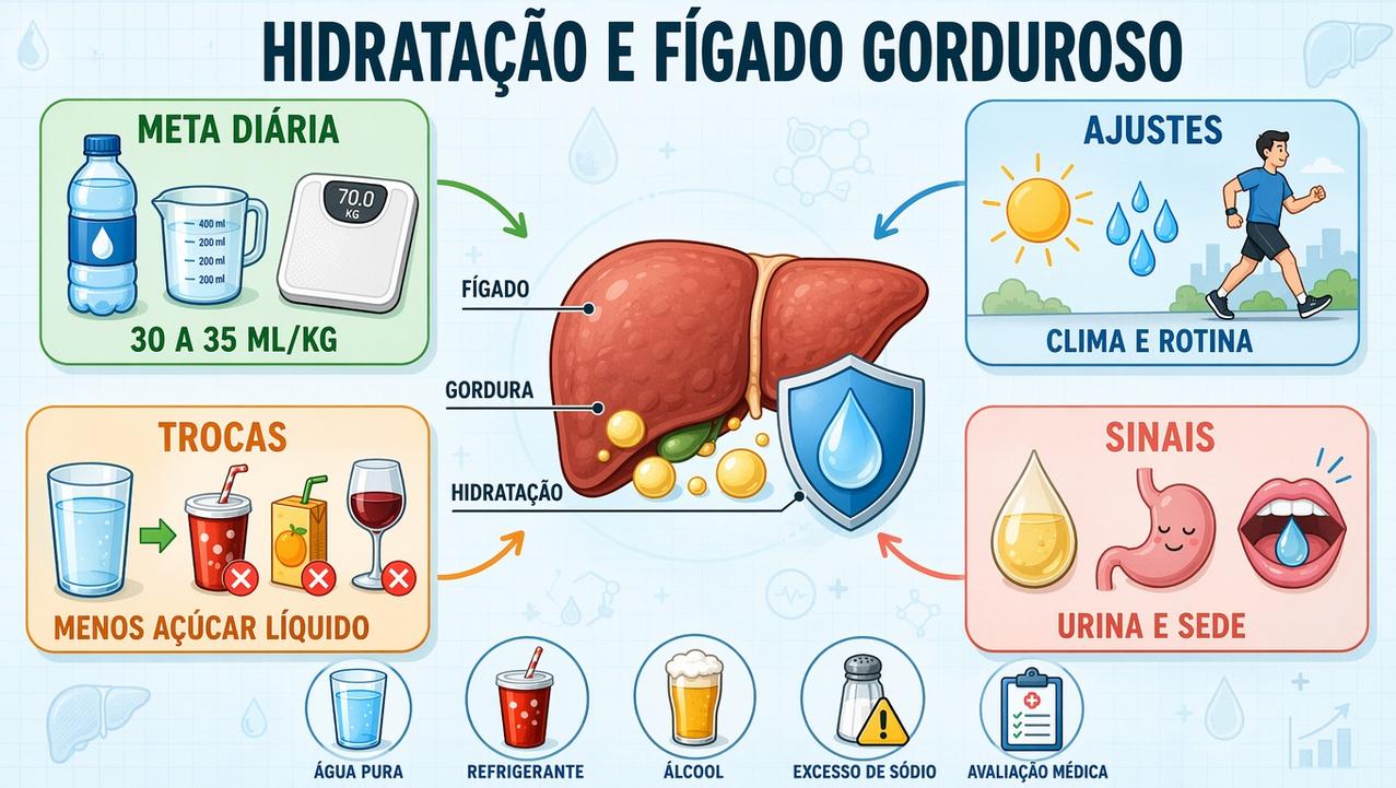 Infográfico resume meta diária, ajustes, trocas inteligentes e sinais de hidratação.
