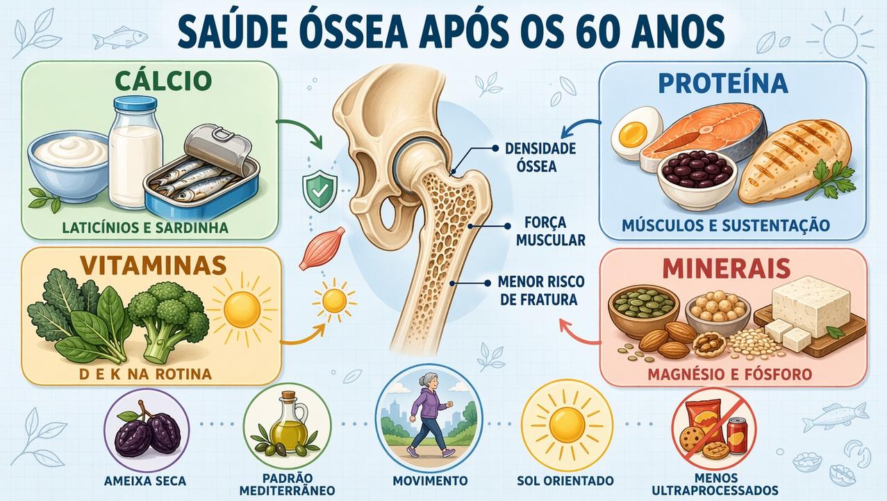 Cálcio, proteína, vitaminas e minerais formam os pilares da saúde óssea.