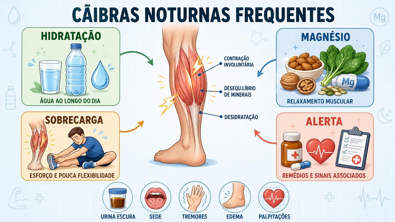 Hidratação, magnésio, sobrecarga muscular e sinais de alerta explicam cãibras noturnas.