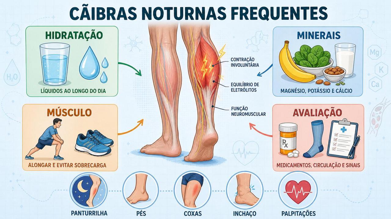 Infográfico resume hidratação, minerais, cuidado muscular e sinais de alerta.