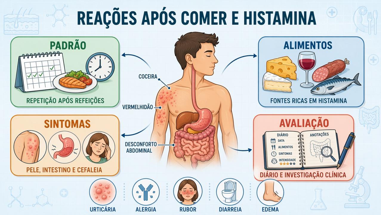 Padrão, alimentos, sintomas e avaliação ajudam a diferenciar histamina, urticária e alergia.