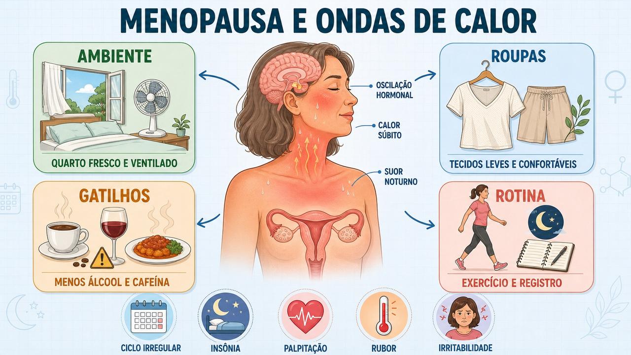 Infográfico reúne sintomas e cuidados práticos para lidar com ondas de calor.