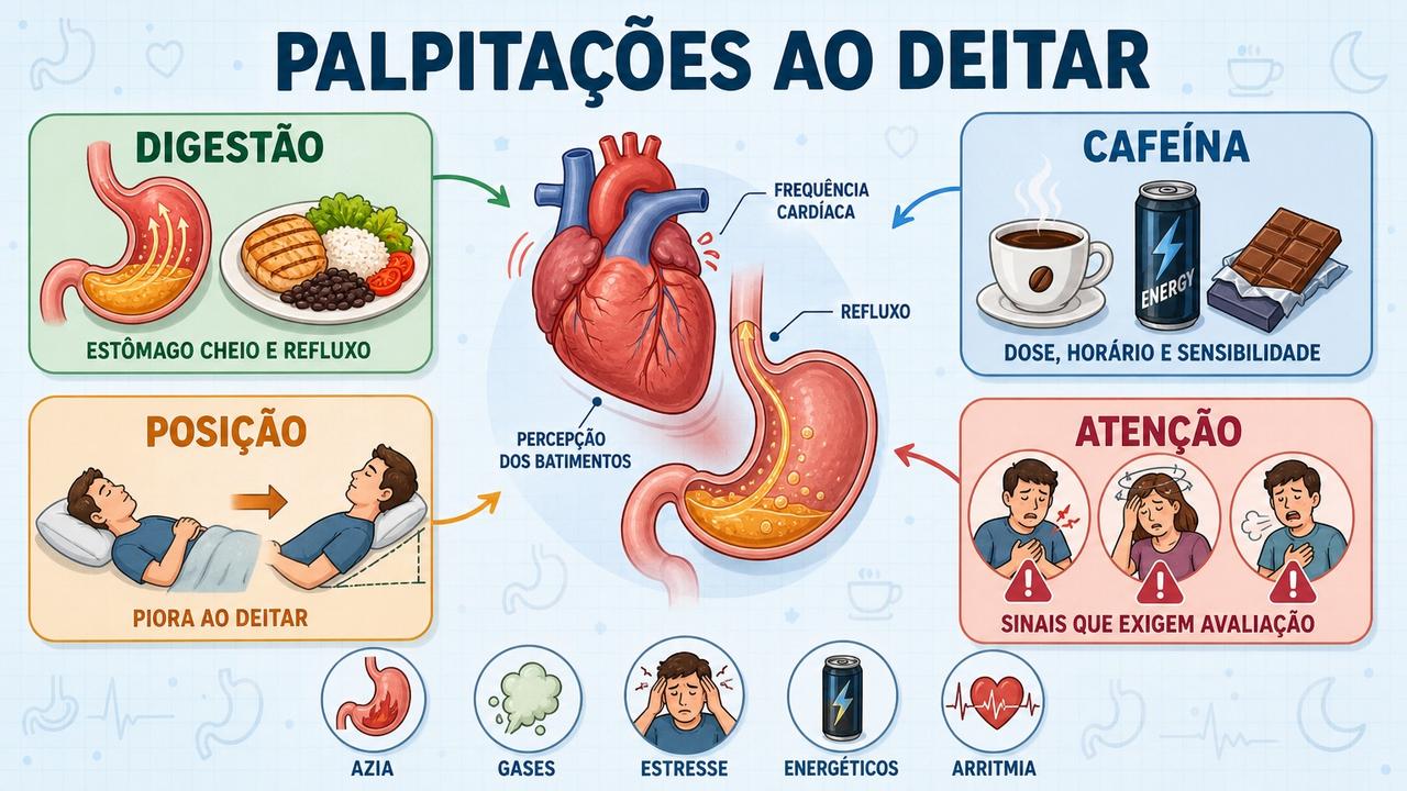 Digestão, cafeína, posição corporal e sinais de alerta explicam palpitações noturnas.