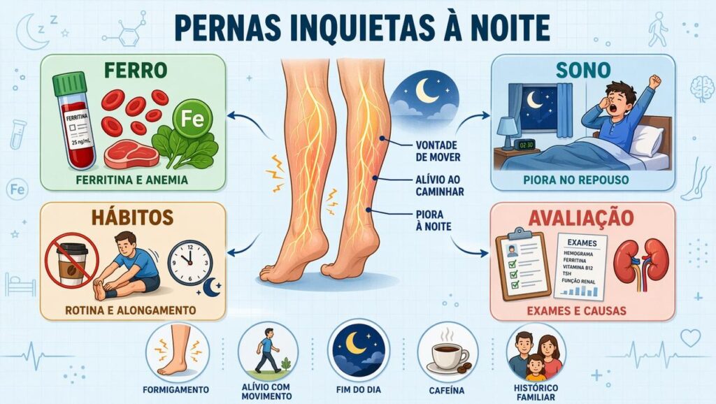 As pernas inquietas à noite nem sempre são cansaço: podem ser sinal de deficiência de ferro ou da síndrome das pernas inquietas