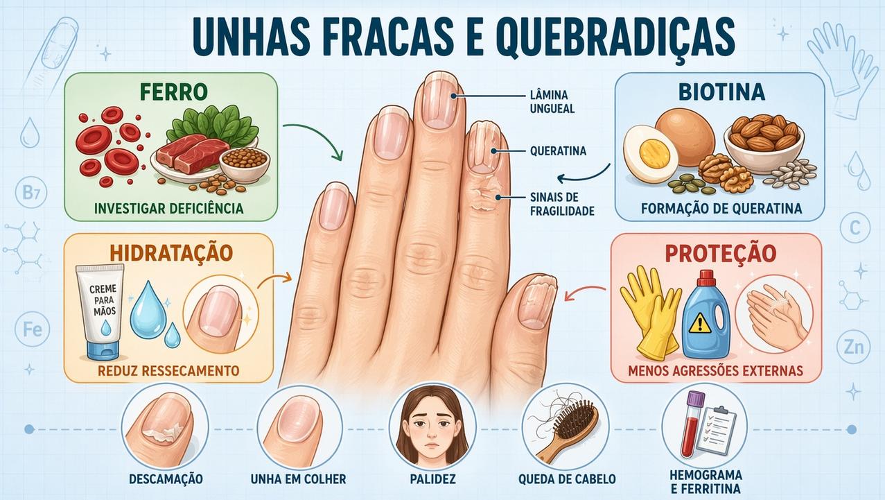 Ferro, biotina, hidratação e proteção formam os pilares contra unhas quebradiças.