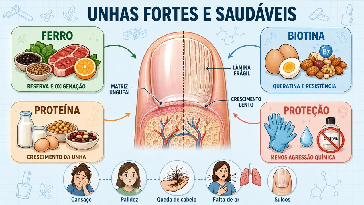 Ferro, biotina, proteína e proteção química sustentam unhas mais resistentes.