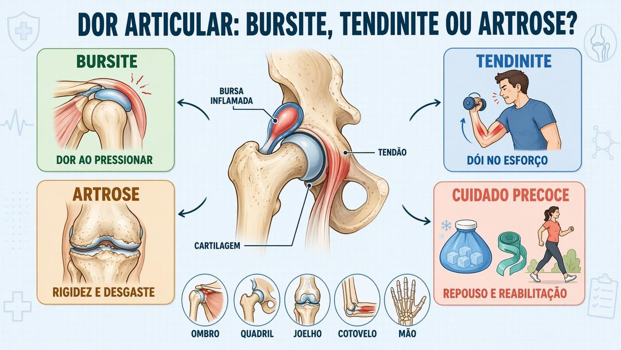 Infográfico compara bursite, tendinite, artrose e cuidados iniciais para dor articular.