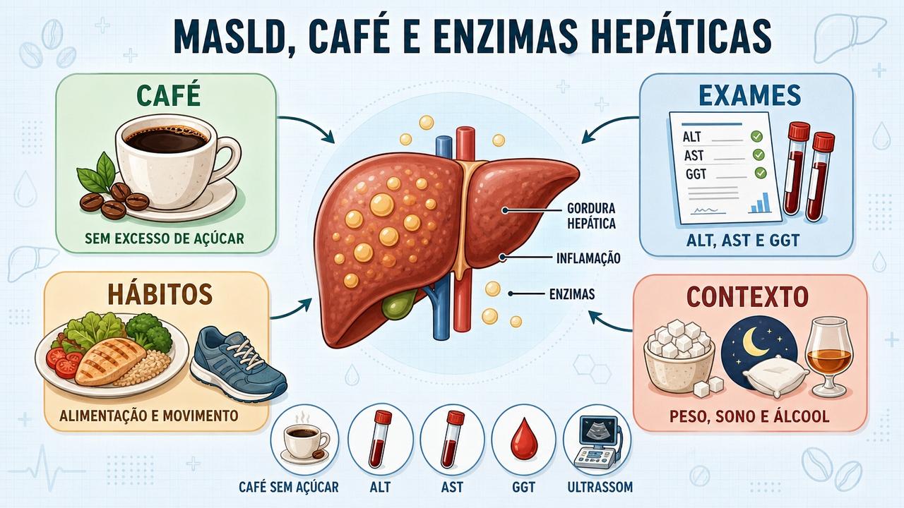 Infográfico resume café, exames e hábitos que influenciam a saúde hepática.