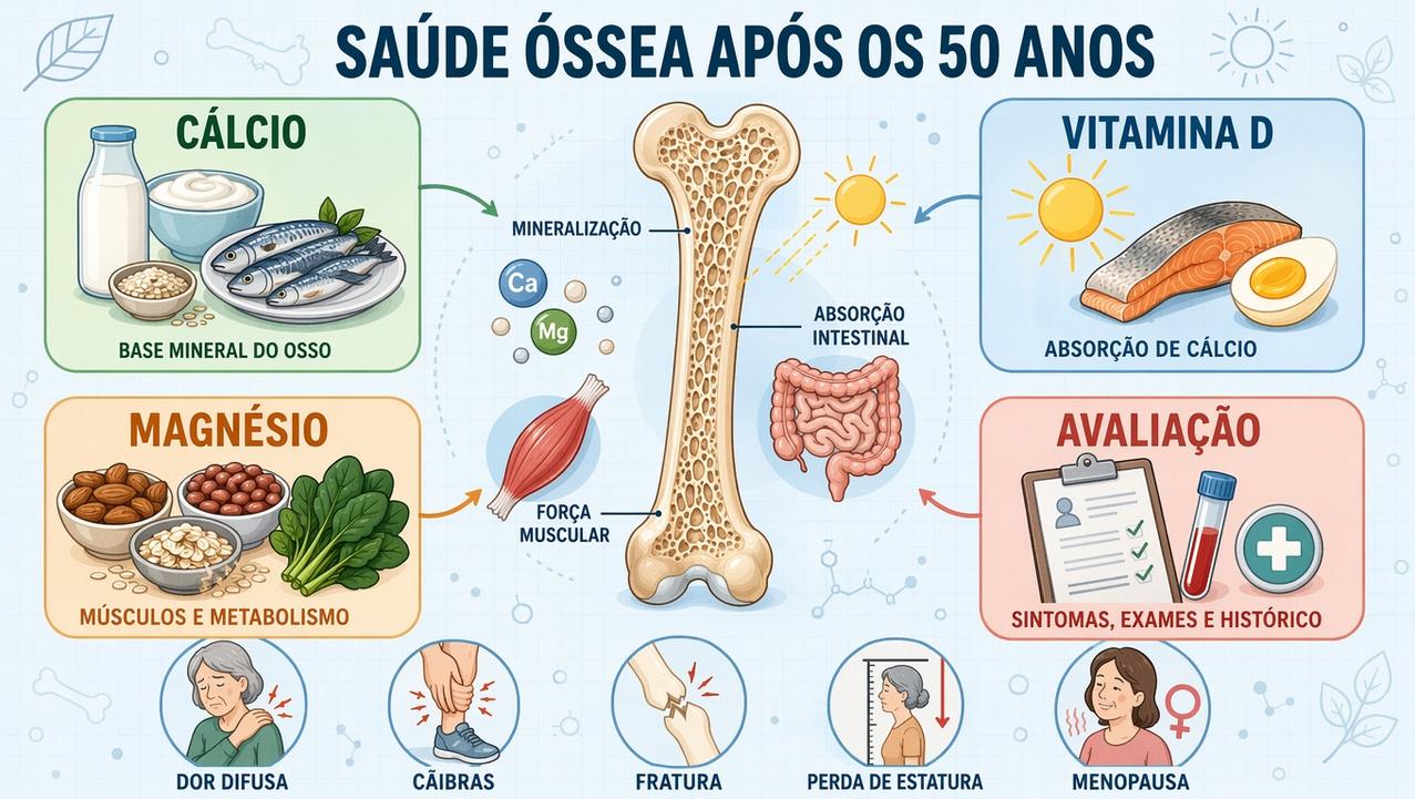 Quatro pilares orientam a prioridade entre nutrientes, exames, sintomas e contexto ósseo.