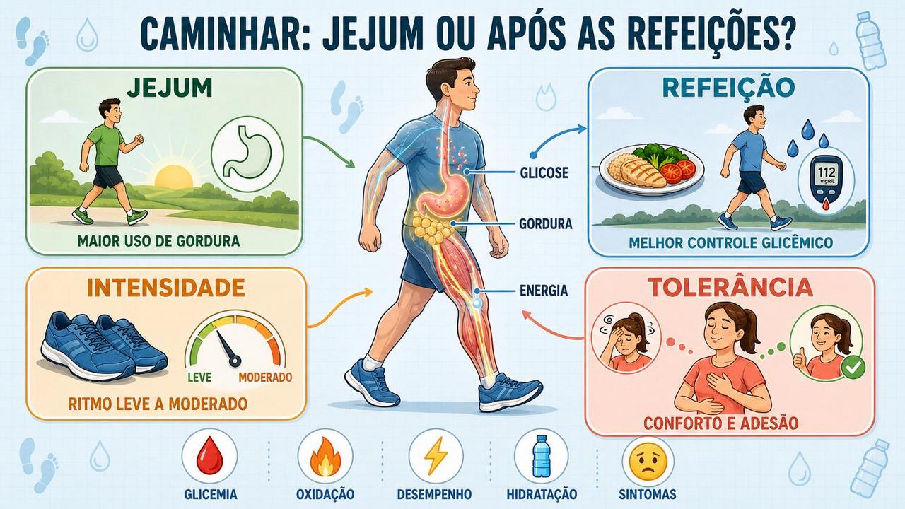 Infográfico compara jejum, refeição, intensidade e tolerância na caminhada diária.