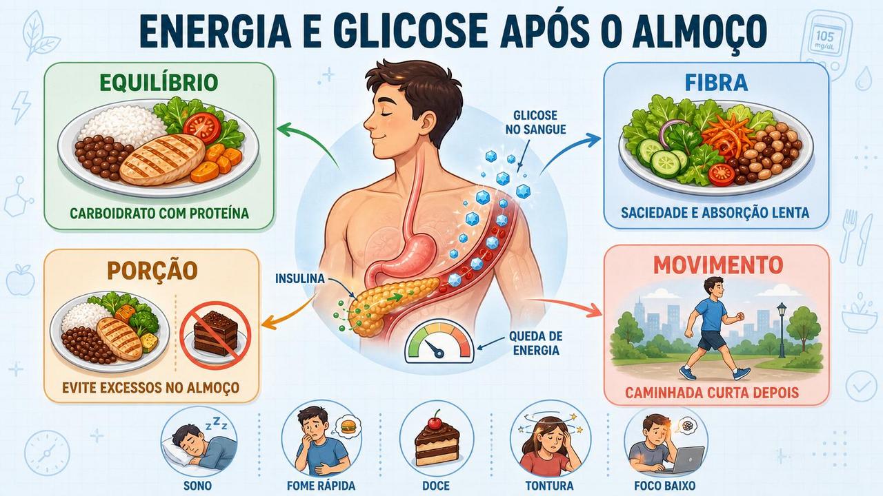 Composição do almoço, fibras, porção e movimento ajudam a estabilizar energia.