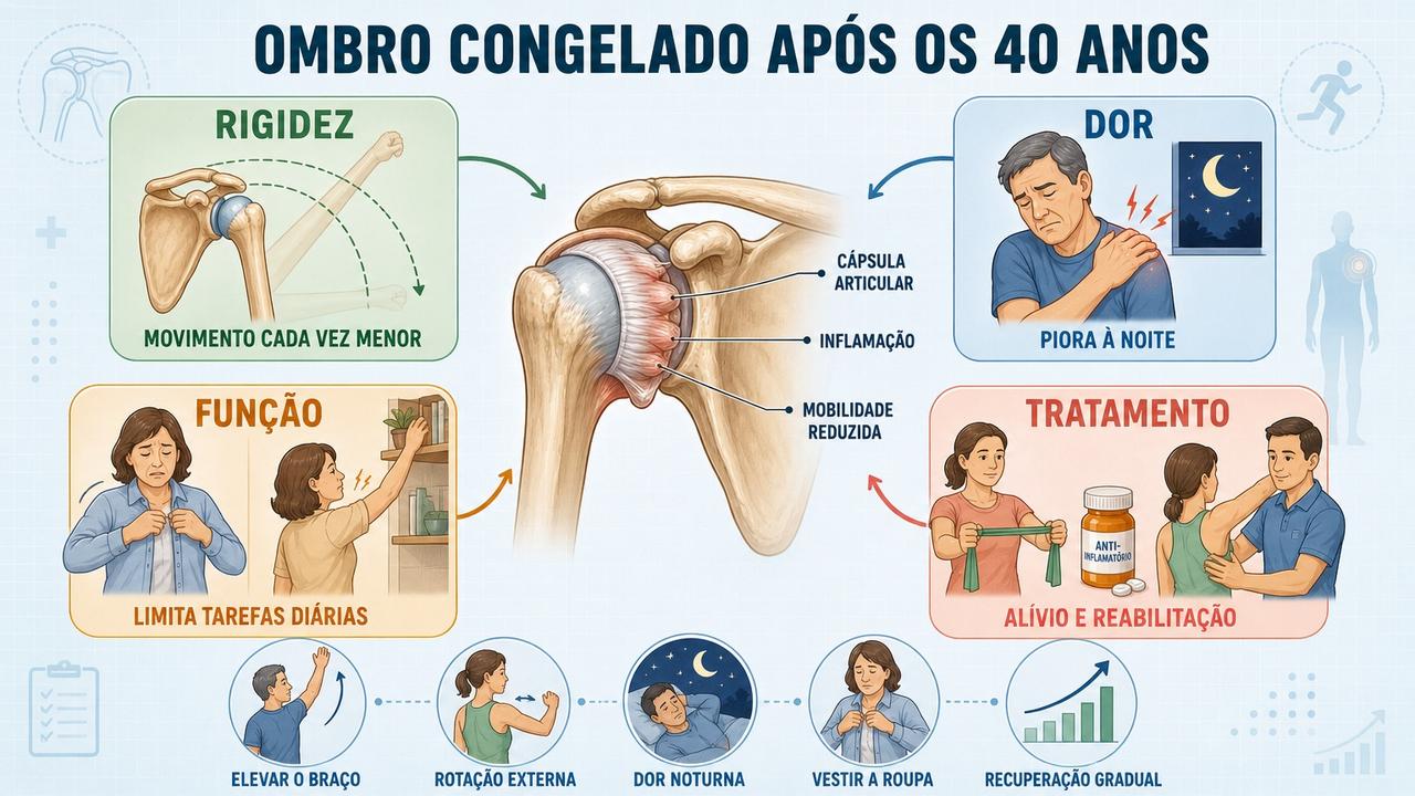 Infográfico resume rigidez, dor, função e tratamento no ombro congelado.
